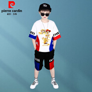 皮爾卡丹（pierre cardin）童裝男孩穿的4-14歲兒童裝夏裝2025新款短袖套裝衣服6中大童街舞 白色(上衣+褲子) 130 建議身高1.2米左右40-50斤