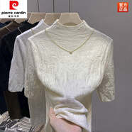 皮爾卡丹（pierre cardin）半高領(lǐng)針織衫中領(lǐng)短袖女2025春秋季新款肌理感中袖鏈條打底衫上衣 米白 L