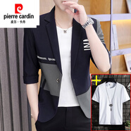 皮爾卡丹（pierre cardin）潮牌拼接中袖西服男薄款夏季韓版修身七分袖外套帥氣休閑西裝套裝 藏青色+短袖T恤 XL （121-139斤左右）