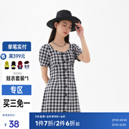 美特斯邦威格紋連衣裙女夏季新款舒適時尚校園風高腰黑色女士裙子 影黑 L 165 88A