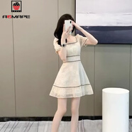 AEMAPE溫柔風(fēng)方領(lǐng)連衣裙女夏季新款高腰泡泡袖裙子拼接收腰刺繡a字短裙 杏色 M 95-105斤