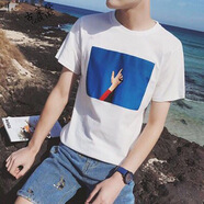 楠子漢夏季韓版男士T恤男短袖圓領(lǐng)修身體恤半袖衣服男裝打底衫潮流上衣 短袖藍(lán)天-白色 XL