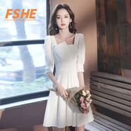 FSHE敬酒服新娘2025新款訂婚裙春秋五分袖酒紅色連衣裙女平時可穿小個 白色中袖短款 L