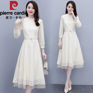 皮爾卡丹（pierre cardin）長(zhǎng)袖連衣裙女2025秋季新款收腰氣質(zhì)洋氣別致早初春秋蕾絲裙子 杏色 M (建議105斤內(nèi))