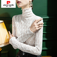 皮爾卡丹（pierre cardin）2024秋季高領(lǐng)蕾絲打底衫女木耳邊修身女裝T恤洋氣純色鏤空上衣 白色 款 常規 L
