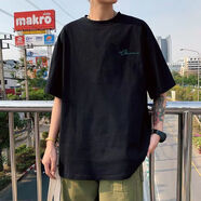 普達馳100純棉短袖T恤男新款夏季潮流港風復古寬松韓版上衣內(nèi)搭體恤半袖 黑色 胸前e綠字母 XL