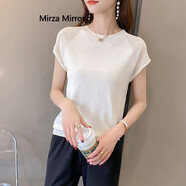 Mirza Mirror冰絲針織衫女短袖圓領(lǐng)黑色2024年夏新款鏤空寬松t恤氣質(zhì)薄款上衣 杏色 S 100斤以內(nèi)