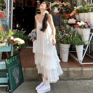 西兒白色法式吊帶連衣裙女2024新款海邊度假風(fēng)蕾絲花邊蛋糕裙沙灘長(zhǎng)裙 S【穿到100斤左右】
