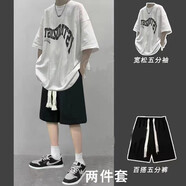 卡圖弛 衣服男夏季短袖t恤男寬松休閑套裝韓版潮流百搭五分半截袖男青少年美式復(fù)古運(yùn)動(dòng)短褲一套上衣男裝 白色短袖+黑色短褲 2XL【建議130-145斤】