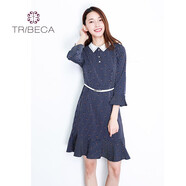 TRIBECA/翠貝卡新款時(shí)尚甜美長袖收腰中長款魚尾裙 深蘭 M