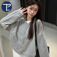 PMOG美式復(fù)古棒球開衫外套女裝早春新款學(xué)生潮流寬松薄款夾克上衣 淺灰色(學(xué)院風(fēng)女裝早春必備外套 M 91105