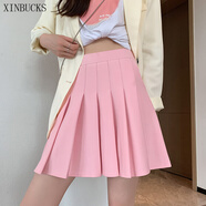 XINBUCKS口袋款百褶裙女短裙高腰顯瘦a字裙松緊腰半身裙春夏秋學(xué)生JK裙子 粉色（口袋款） XXL碼 140-160斤
