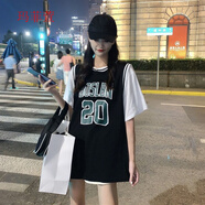 她風(fēng)采 藍球服女寬松bf風(fēng)韓版夏季2022新款中長(cháng)款短袖T恤假兩件ins潮上 6014#黑色 S 60-85斤
