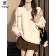 AEMAPE套頭白色v領水貂絨毛衣女2026秋冬新款軟糯寬松慵懶針織衫上衣 米白色 L 建議(110-120)斤穿