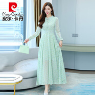 皮爾卡丹（pierre cardin）碎花連衣裙2025年春秋新款女裝氣質(zhì)仙女春秋長(cháng)*袖雪紡超仙長(cháng)款裙 5951藍綠色 M (95-105斤)