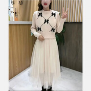 女人味冬季連衣裙女小個(gè)子氣質(zhì)加厚加絨加厚兩連衣裙針織秋冬季蝴蝶結(jié)收腰顯瘦中長款毛衣連衣裙 米白色【常規(guī)款不加絨】 L 建議110-120斤