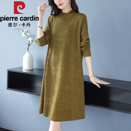 皮爾卡丹（pierre cardin）秋冬連衣裙中年媽媽長款毛衣裙氣質顯瘦大碼遮肚子A字長裙配大|衣 秋香黃 XL