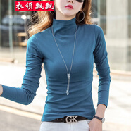 衣領(lǐng)飄飄長袖T恤女裝半高領(lǐng)純色打底衫內(nèi)搭秋冬季上衣小衫女士打底衣服 藍(lán)色 2XL (125-140斤)