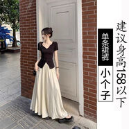 GOCHIEI2件套套裝女黑色開(kāi)叉V領(lǐng)短袖T恤夏季高腰闊腿褲長(cháng)裙褲休閑半身裙 杏色裙褲[小個(gè)子] L 115-135