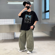 邁兜熊男童夏套裝2026新款兒童夏天衣服中大童夏季短袖長褲男孩短袖夏裝 黑色 TBW2609兩件套 170
