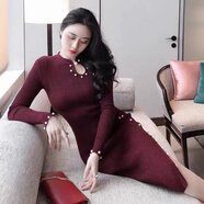 ROAR UTHAUG針織連衣裙冬季新款超彈針織修身針織旗袍連身裙女國風氣質(zhì)毛衣裙 酒紅色普通版 1316 S
