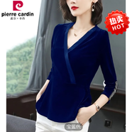 皮爾卡丹（pierre cardin）長(zhǎng)袖v領(lǐng)打底衫女2025春新款金絲絨修身上衣網(wǎng)紗拼接T恤衫時(shí)尚氣質(zhì) 寶藍(lán)色 2XL _建議130-140斤