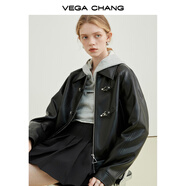 VEGA CHANG機(jī)車風(fēng)皮衣女春秋季2025年韓版bf風(fēng)一字扣PU皮夾克短外套 黑色 M
