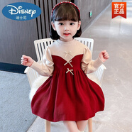 迪士尼潮童新款 女童毛衣連衣裙2022秋冬新款3-8歲兒童針織裙裙子新年裝拜年寶寶公主裙 酒紅色 90cm