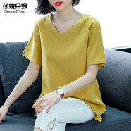 莎妮朵羅大碼女裝T恤女短袖胖mm夏裝新品中長(cháng)款休閑寬松棉上衣媽媽裝15177 黃色 6XL 建議190-210斤穿著(zhù)
