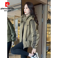 皮爾卡丹（pierre cardin）短款棒球服外套女春秋休閑百搭工裝外套女沖鋒衣韓版寬松夾克 卡其綠色 2XL 125斤-140斤