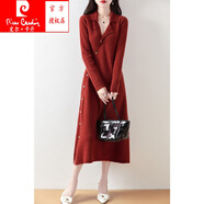 皮爾卡丹（pierre cardin）2024秋冬新款斜襟100%羊毛針織連衣裙開(kāi)衫女韓版羊絨過(guò)膝長(cháng)裙子 金棕紅 XL