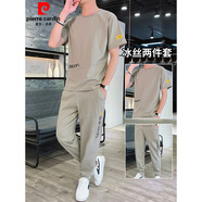 皮爾卡丹（pierre cardin）運動套裝男士休閑夏裝2026夏季新款冰絲一套短袖t恤男裝潮流帥氣 855卡其 M 【建議105-120斤】