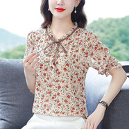 宜惜綺  碎花雪紡衫女寬松2022年夏季新款女裝短袖上衣韓版襯衫洋氣小衫襯衣女學(xué)生 杏色 XL