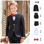 BOERSS男童禮服套裝兒童西服花童男主持人鋼琴演出表演服男童西裝套裝 黑色5件套：3件套+襯衫+領結 100碼 身高90-100cm 重27-31斤