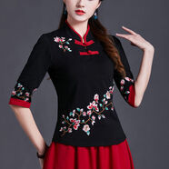藍駿啟民族風(fēng)格復(fù)古上衣春春秋新款風(fēng)女裝繡花七分袖修身大媽棉打底衫 黑色 3XL （120-130斤）