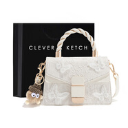 CLEVER & KETCH新中式手提包包女包斜挎包蕾絲刺繡小方包單肩包生日禮物送老婆 米白色