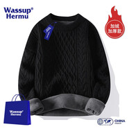 WASSUP HERMU潮牌聯(lián)名純色毛衣男女春秋季圓領(lǐng)打底針織衫保暖寬松情侶大碼上衣 加絨款-31黑色 3XL（推薦155-170斤）