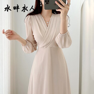 水畔衣人高檔春秋季韓國法式溫柔顯瘦V領(lǐng)壓褶系帶收腰過(guò)膝長(cháng)袖雪紡連衣裙 杏色 均碼