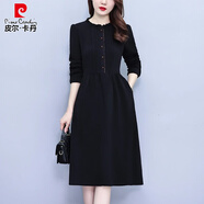 皮爾卡丹（pierre cardin）秋季洋氣黑色大碼長袖女士連衣裙女春秋2025新款收腰顯瘦秋款裙子 黑色 XL [116-125斤]