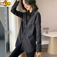 SORRYNAM黑色牛仔襯衫女春秋季歐洲站新款歐貨小衫女設(shè)計感疊穿襯衣女 黑色 S