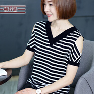 橫行道2024夏裝新款女裝露肩半袖上衣服v領(lǐng)寬松短袖t恤條紋打底衫 黑大白小 M