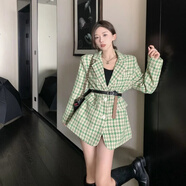 予瑾粗花呢加厚西服外套女裝2024秋冬新款感復(fù)古中長款格子西裝潮 綠外套【配腰帶】 夾棉款 S