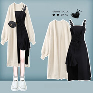 伊琦蕾大碼女裝秋冬季套裝女2025新款寬松針織開(kāi)衫顯瘦牛仔連衣裙兩件套 1939黑色背帶裙 單件 L 建議100-120斤