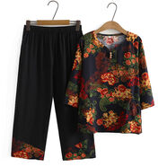 音藻老人衣服女60到70一80歲老年人衣服奶奶款夏裝服裝夏天老太太套裝 吉祥花【中袖T恤+9分褲子】套裝 3XL 【115斤-135斤】