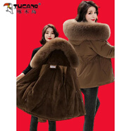 啄木鳥(niǎo)加絨加厚派克服外套女士冬季2025新款中長(cháng)款棉衣收腰棉服大碼棉襖 咖啡色 加絨加厚 XL 125-140斤