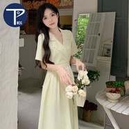 PMOG2024年夏季西裝領(lǐng)連衣裙子女韓版系帶收腰顯瘦中長(zhǎng)裙設(shè)計(jì)口袋A裙 【黃色-】 L 建議100-115斤