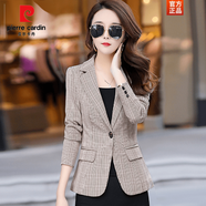 皮爾卡丹（pierre cardin）長(cháng)袖小西裝女外套修身2025春秋顯瘦小個(gè)子女西服格子韓版短款上衣 淺駝 L