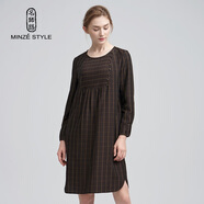 名師路長(cháng)袖格子毛呢連衣裙女秋冬連衣裙寬松氣質(zhì)套頭打底裙 咖啡色 XL