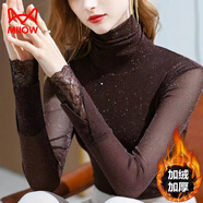 貓人（MiiOW）歐洲站打底衫女網(wǎng)紗洋氣t恤2025年春秋新款氣質(zhì)高領(lǐng)蕾絲亮絲上衣 咖啡色加絨 XL 115-125斤