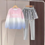 小豬彼特女童打底褲春秋2025新款秋季兒童褲裙假兩件褲子秋冬加絨裙褲秋裝 4891漸粉+2110灰色【春秋套裝】 150 cm